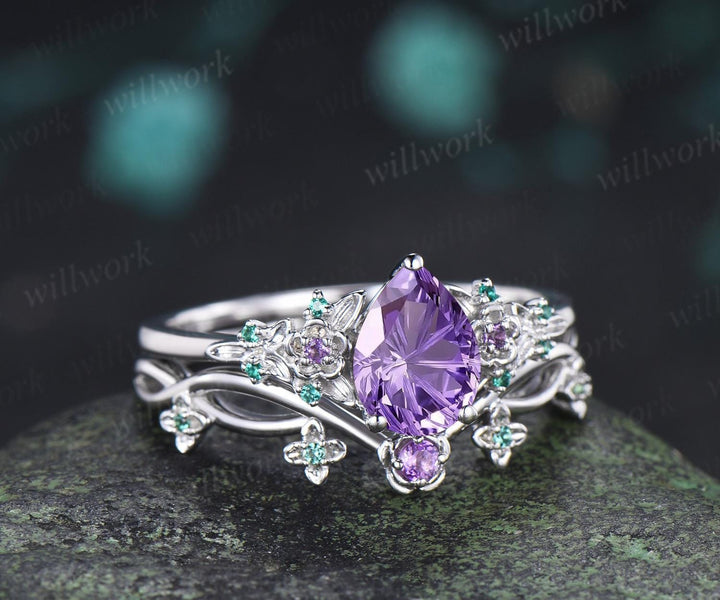 Teardrop pear fireworks cut purple amethyst engagement ring 14k white gold floral leaf emerald wedding bridal ring set anniversary gift