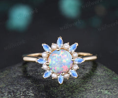 Round whtie opal engagement ring 14k yellow gold halo pearl marquise moonstone ring vintage floral wedding ring women jewelry