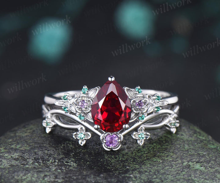 Teardrop pear cut red ruby engagement ring set solid 14k white gold floral leaf emerald amethyst ring vintage anniversary gift