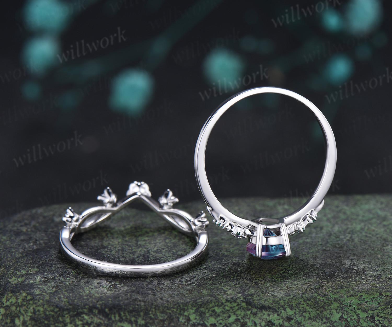 Teardrop pear fireworks cut alexandrite engagement ring 14k white