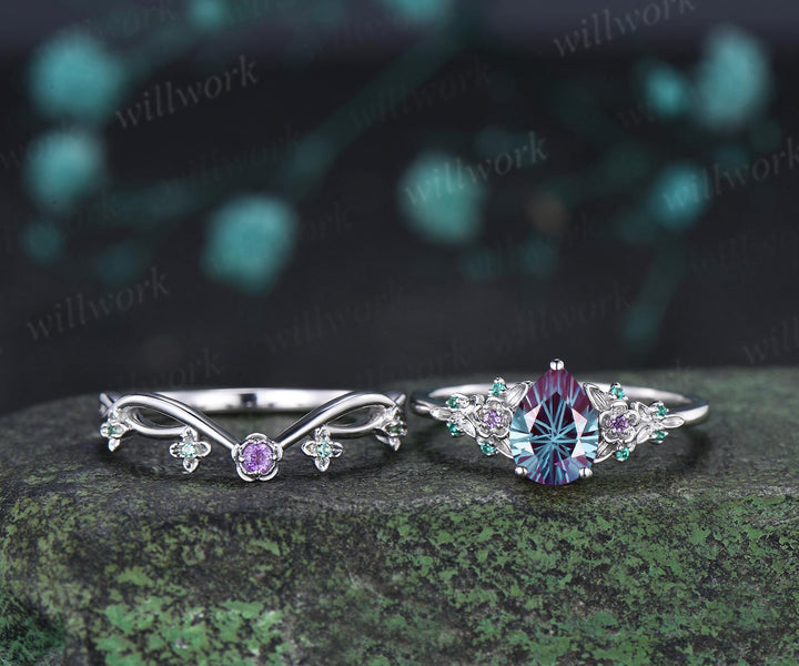 Teardrop pear fireworks cut alexandrite engagement ring 14k white gold floral leaf emerald wedding bridal ring set anniversary gift