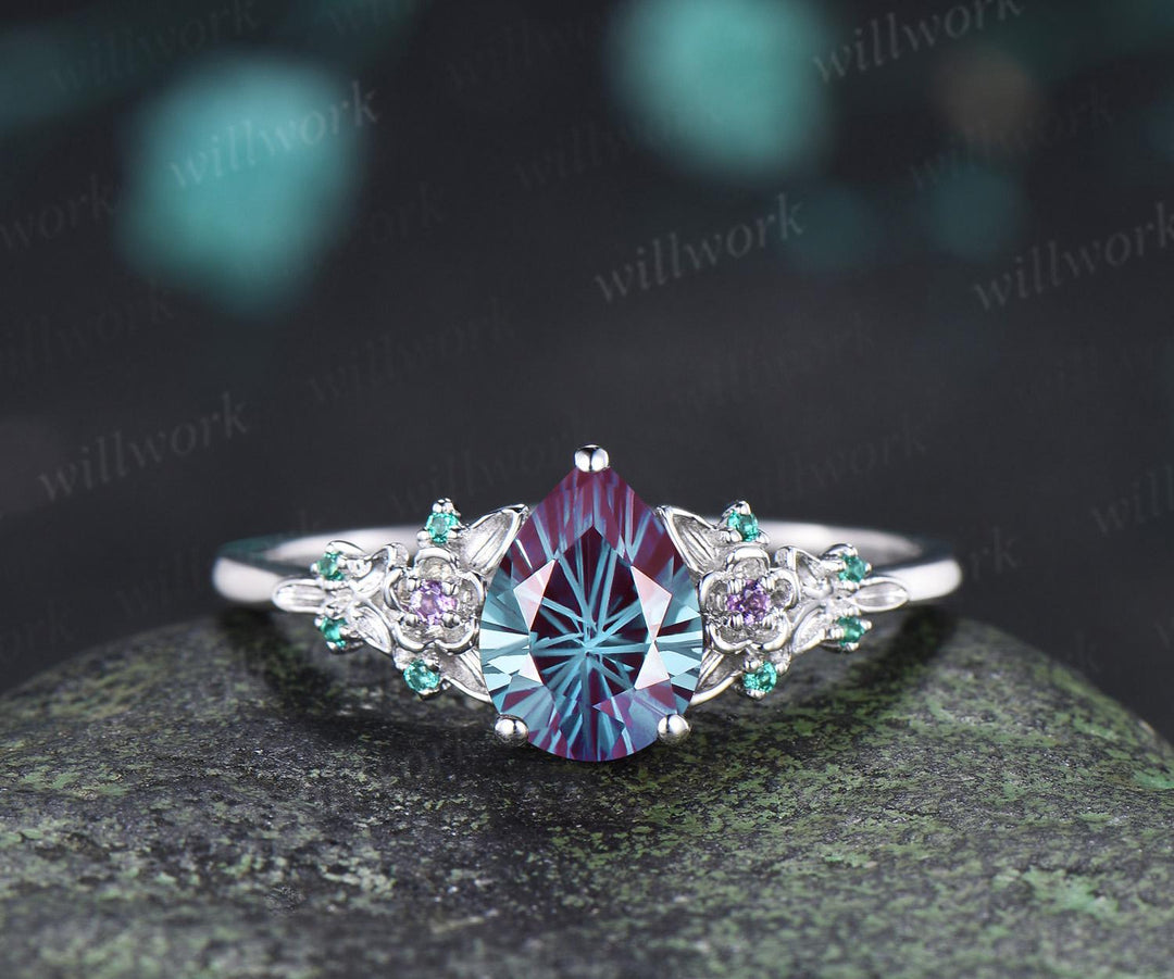 Teardrop pear fireworks cut alexandrite engagement ring 14k white gold floral leaf emerald wedding bridal ring set anniversary gift