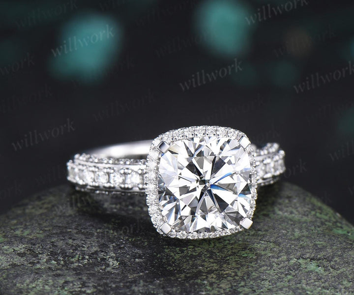 3ct cushion cut moissanite engagement ring vintage half eternity double hidden halo wedding promise ring women fine jewelry