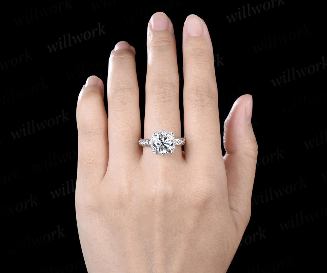 3ct cushion cut moissanite engagement ring vintage half eternity double hidden halo wedding promise ring women fine jewelry