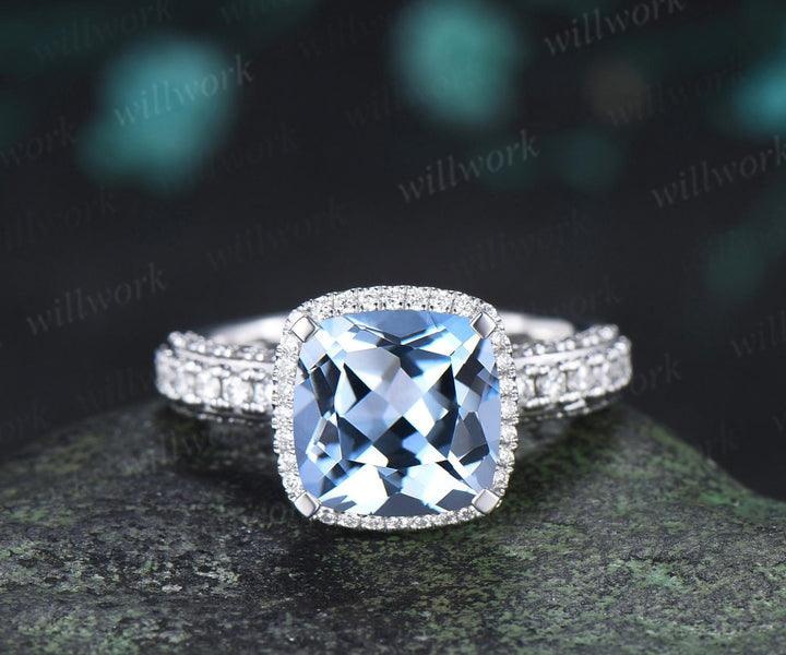 3ct cushion cut aquamarine engagement ring vintage half eternity hidden halo moissanite wedding promise ring women fine jewelry