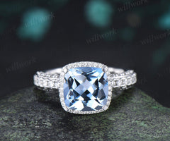 3ct cushion cut aquamarine engagement ring vintage half eternity hidden halo moissanite wedding promise ring women fine jewelry