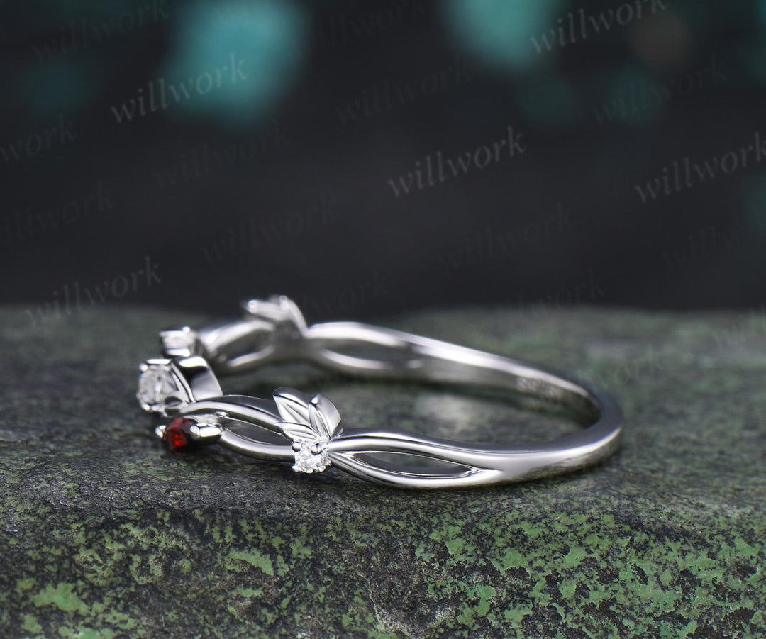 Leaf infinity garnet wedding band vintage 14k white gold moissanite matching stacking  bridal wedding ring women anniversary gift