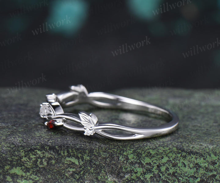 Leaf infinity garnet wedding band vintage 14k white gold moissanite matching stacking  bridal wedding ring women anniversary gift