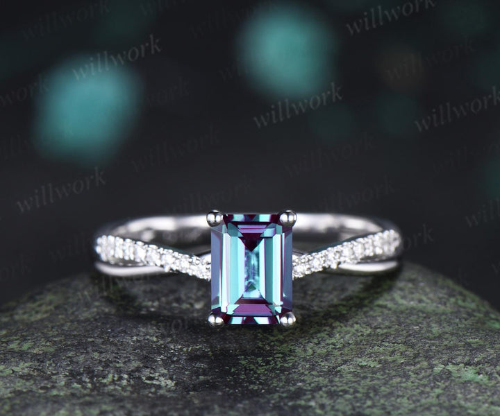 Emerald cut alexandrite engagement ring white gold retro 3/4 eternity infinity diamond wedding promise ring her jewelry
