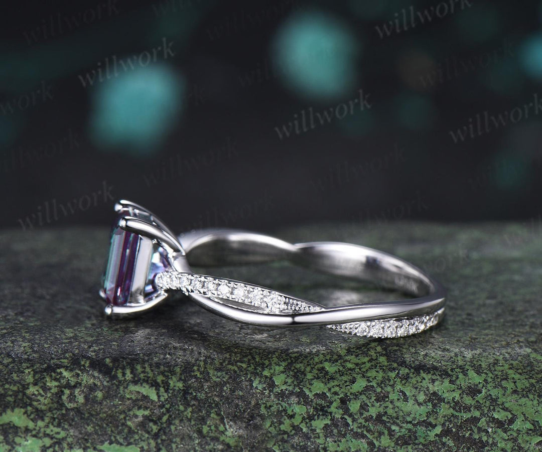 Emerald cut alexandrite engagement ring white gold retro 3/4 eternity infinity diamond wedding promise ring her jewelry