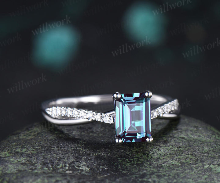 Emerald cut alexandrite engagement ring white gold retro 3/4 eternity infinity diamond wedding promise ring her jewelry