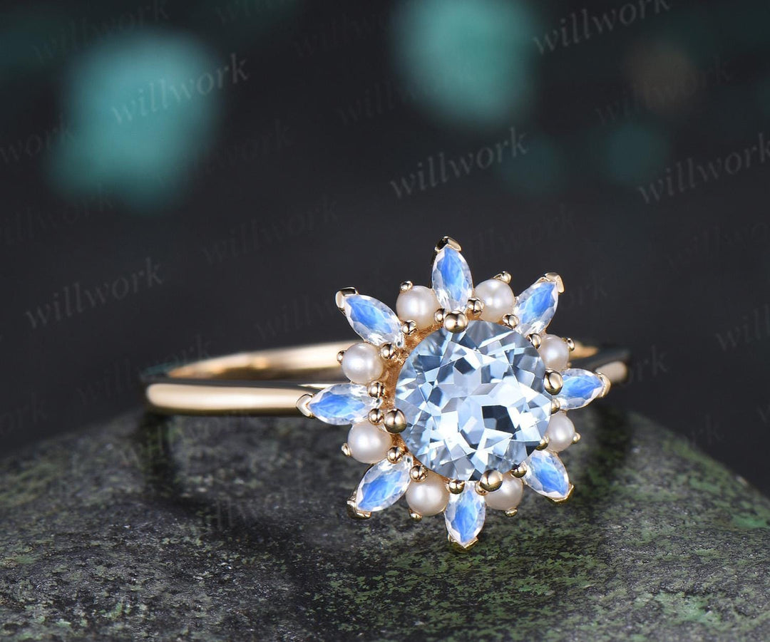 Round cut aquamarine engagement ring 14k yellow gold halo pearl marquise moonstone ring vintage floral wedding ring women jewelry