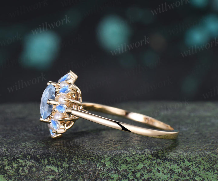 Round cut aquamarine engagement ring 14k yellow gold halo pearl marquise moonstone ring vintage floral wedding ring women jewelry