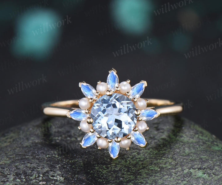 Round cut aquamarine engagement ring 14k yellow gold halo pearl marquise moonstone ring vintage floral wedding ring women jewelry