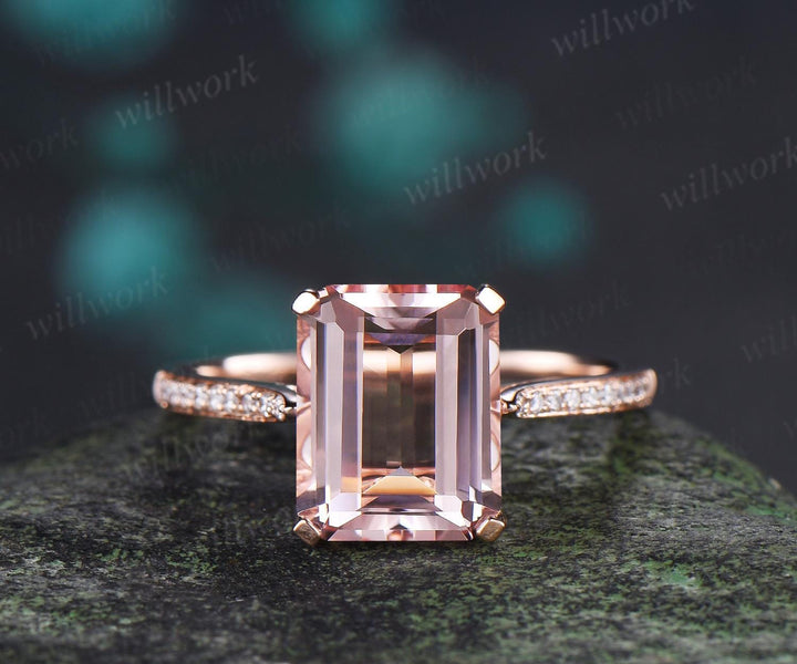 3ct emerald cut morganite engagement ring solid 14k rose gold art deco half eternity diamond promise bridal ring set women jewelry
