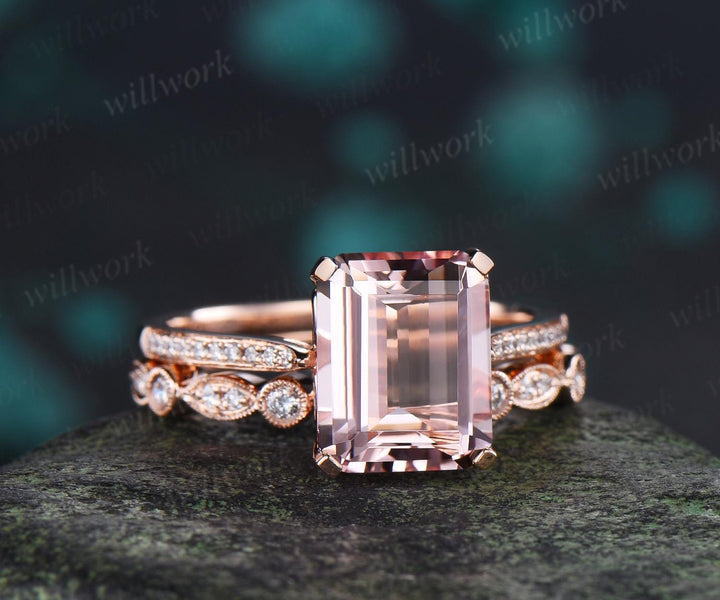 3ct emerald cut morganite engagement ring solid 14k rose gold art deco half eternity diamond promise bridal ring set women jewelry