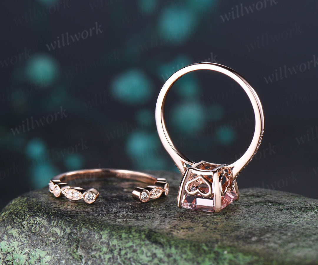 3ct emerald cut morganite engagement ring solid 14k rose gold art deco half eternity diamond promise bridal ring set women jewelry