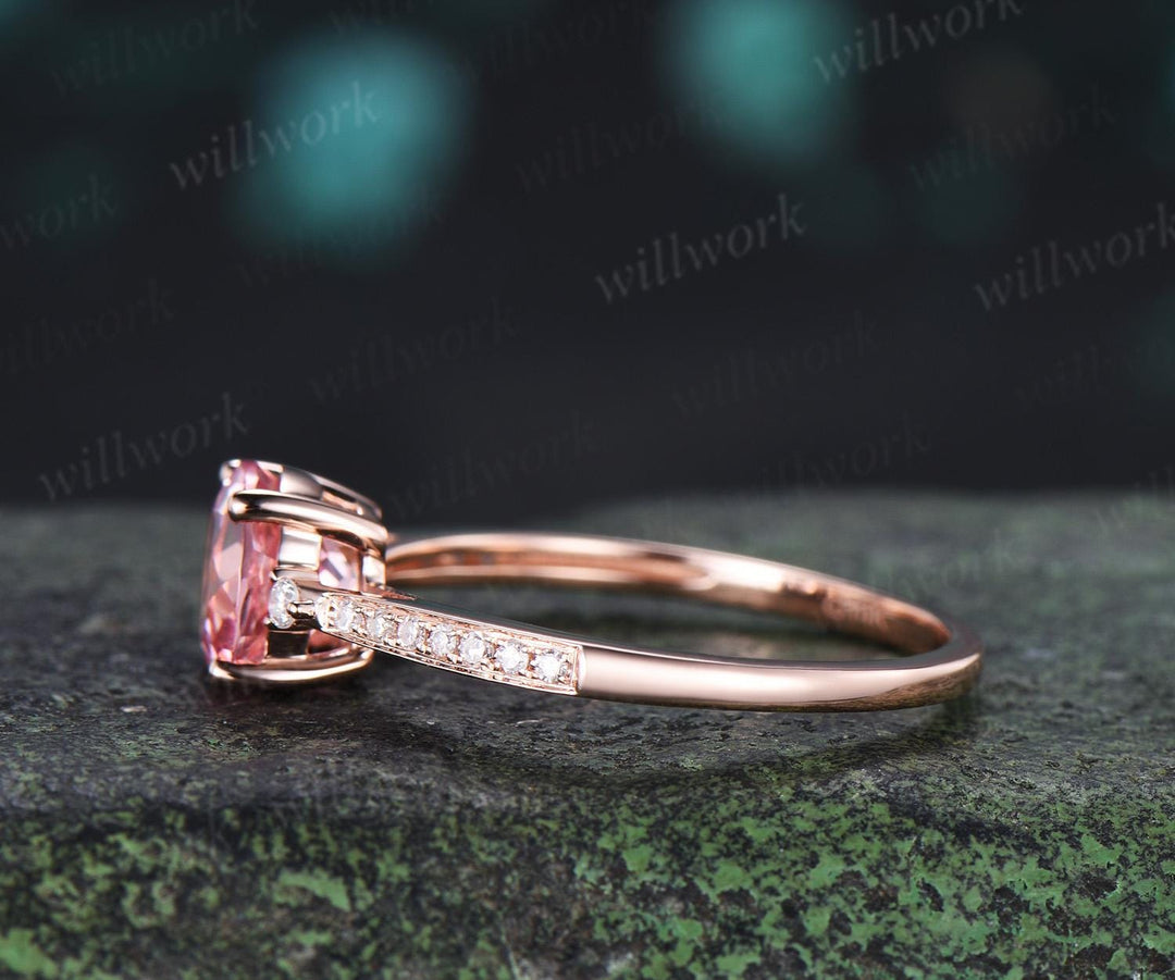 Round cut Padparadscha pink sapphire engagement ring rose gold half eternity diamond bridal wedding ring jewelry