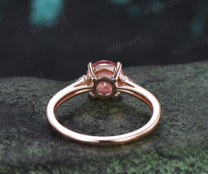 Round cut Padparadscha pink sapphire engagement ring rose gold half eternity diamond bridal wedding ring jewelry