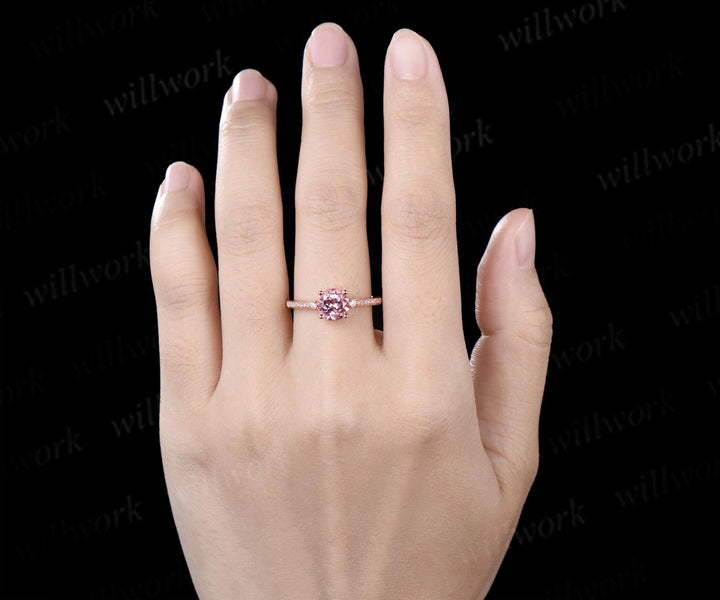 Round cut Padparadscha pink sapphire engagement ring rose gold half eternity diamond bridal wedding ring jewelry