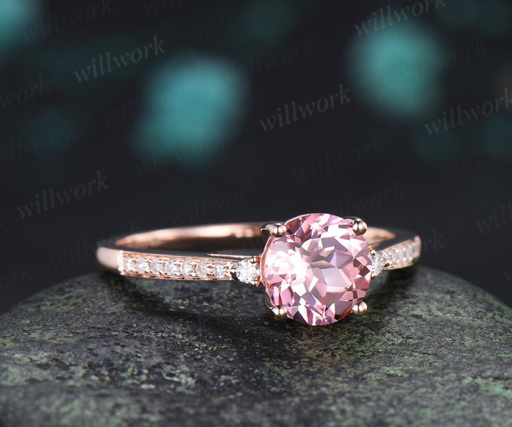Round cut Padparadscha pink sapphire engagement ring rose gold half eternity diamond bridal wedding ring jewelry