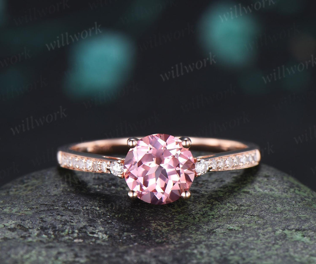 Round cut Padparadscha pink sapphire engagement ring rose gold half eternity diamond bridal wedding ring jewelry