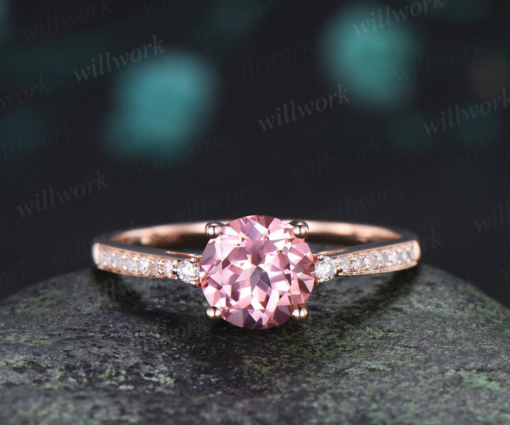 Round cut Padparadscha pink sapphire engagement ring rose gold half eternity diamond bridal wedding ring jewelry