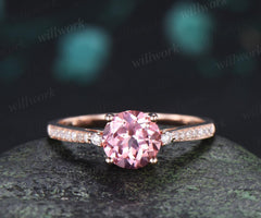 Round cut Padparadscha pink sapphire engagement ring rose gold half eternity diamond bridal wedding ring jewelry