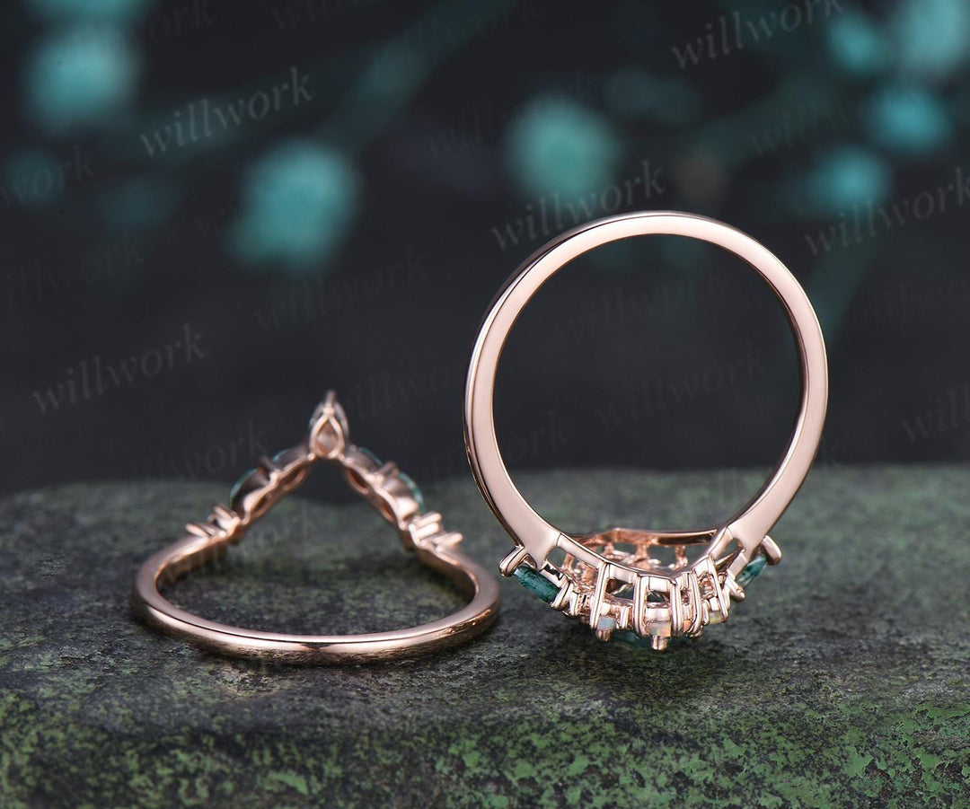 Oval kite moss agate engagement ring 14k rose gold princess opal halo unique promise wedding ring set retro green gemstone ring silver
