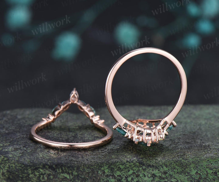 Oval kite moss agate engagement ring 14k rose gold princess opal halo unique promise wedding ring set retro green gemstone ring silver