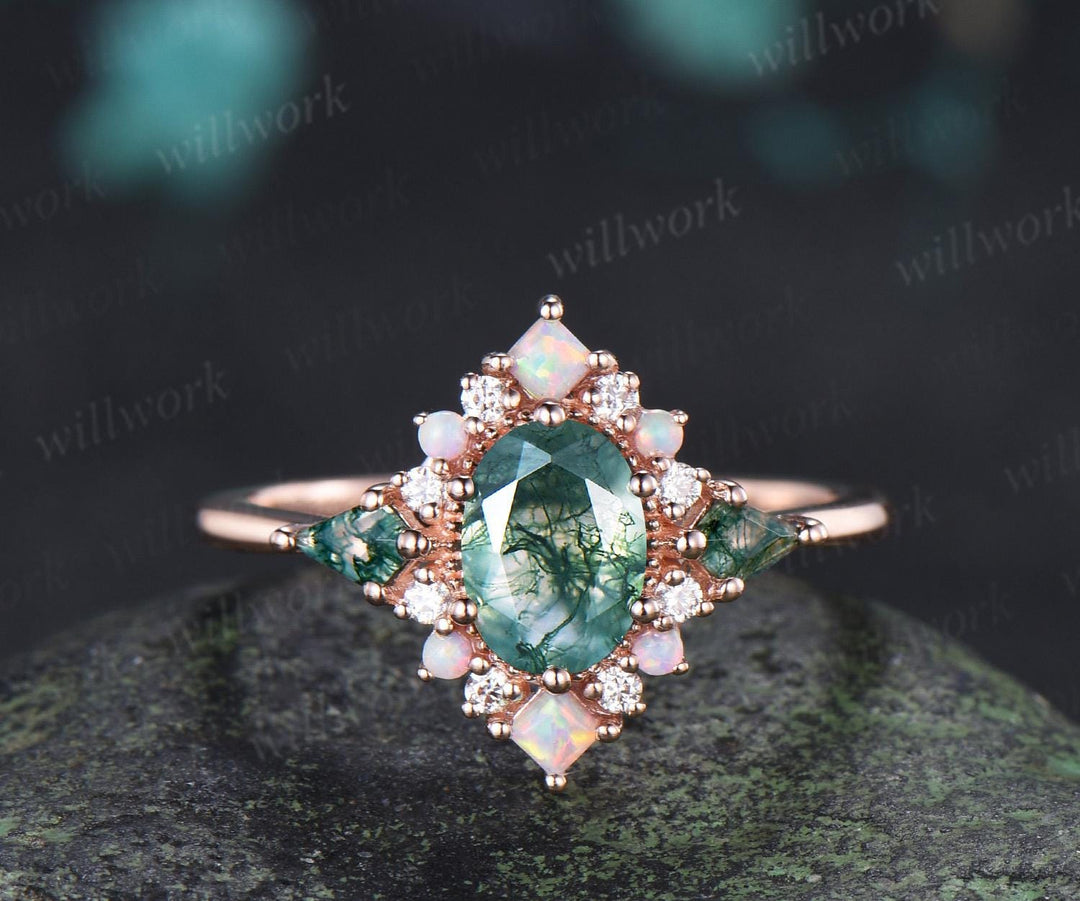 Oval kite moss agate engagement ring 14k rose gold princess opal halo unique promise wedding ring set retro green gemstone ring silver