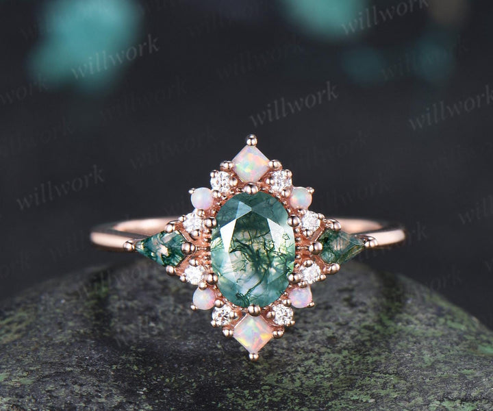 Oval kite moss agate engagement ring 14k rose gold princess opal halo unique promise wedding ring set retro green gemstone ring silver