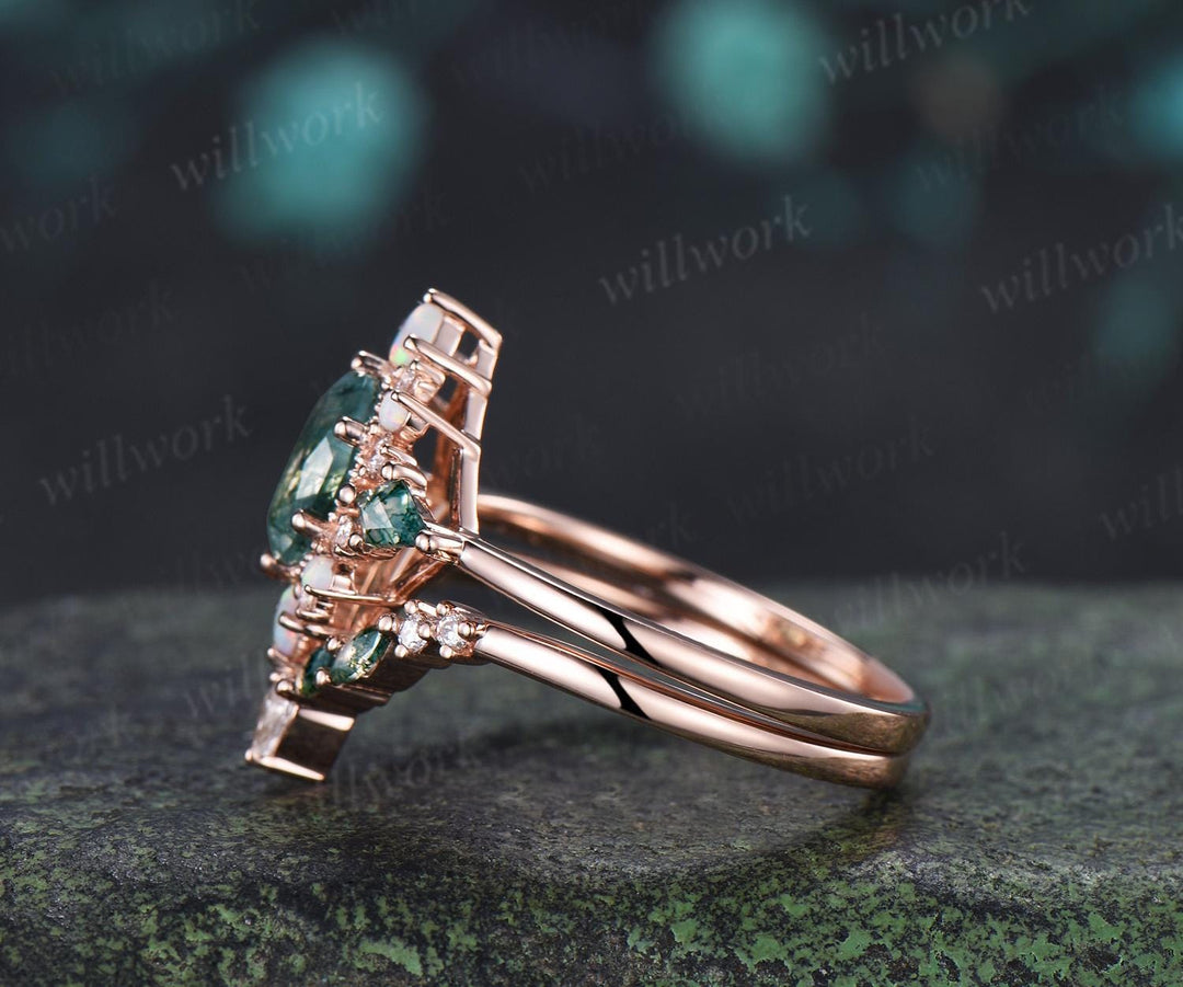 Oval kite moss agate engagement ring 14k rose gold princess opal halo unique promise wedding ring set retro green gemstone ring silver