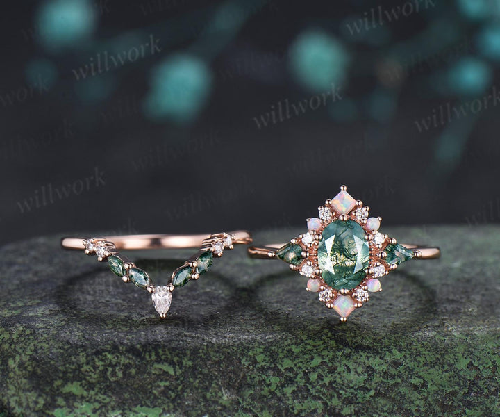 Oval kite moss agate engagement ring 14k rose gold princess opal halo unique promise wedding ring set retro green gemstone ring silver