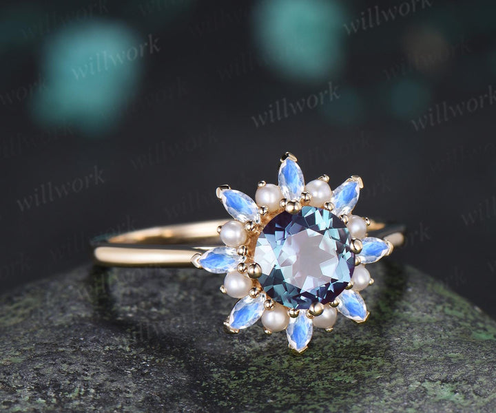 Round alexandrite engagement ring 14k yellow gold halo pearl marquise moonstone ring vintage floral wedding ring women jewelry