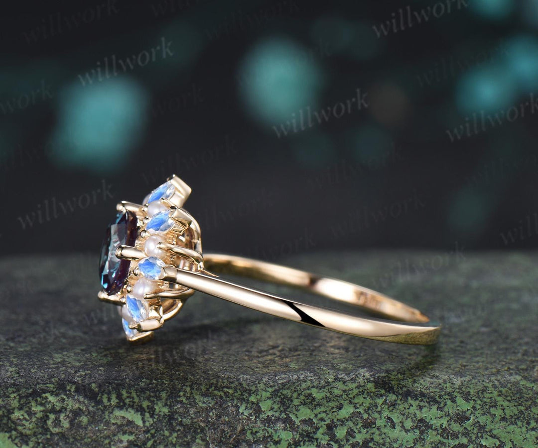 Round alexandrite engagement ring 14k yellow gold halo pearl marquise moonstone ring vintage floral wedding ring women jewelry