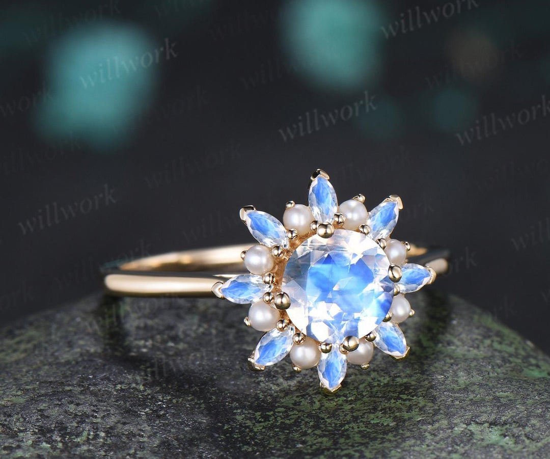 Round marquise cut moonstone engagement ring yellow gold vintage halo pearl promise wedding ring women silver