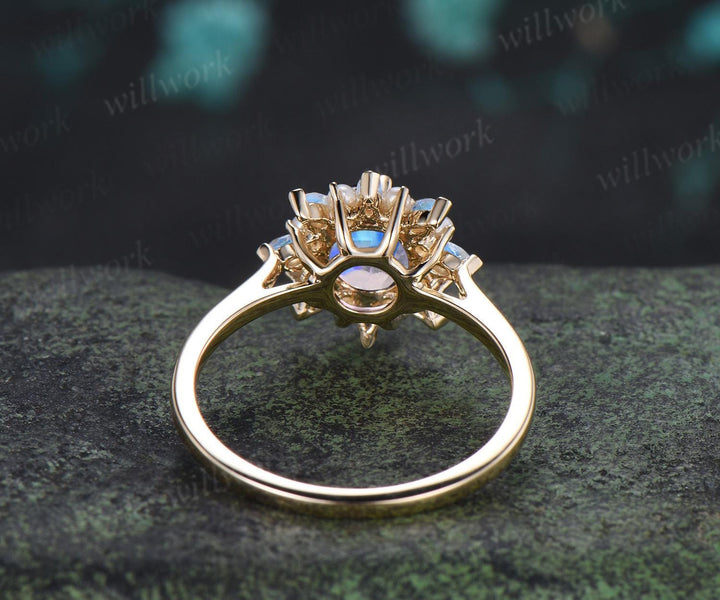 Round marquise cut moonstone engagement ring yellow gold vintage halo pearl promise wedding ring women silver