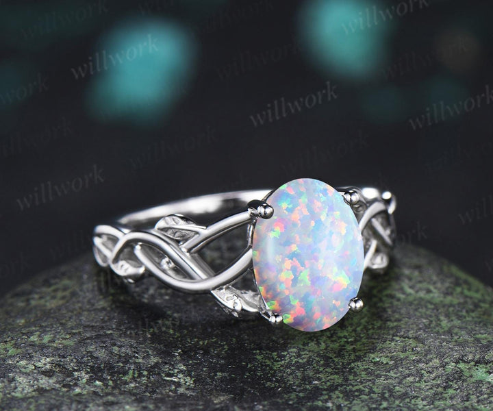 Oval opal ring white gold vintage solitaire leaf infinity nature inspired engagement ring women delicate anniversary gift
