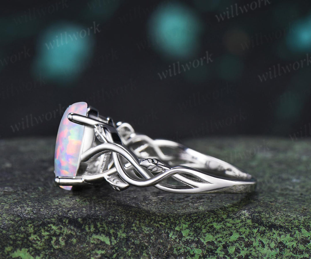 Oval opal ring white gold vintage solitaire leaf infinity nature inspired engagement ring women delicate anniversary gift