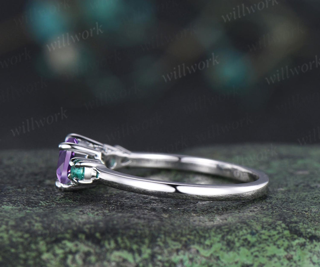 Oval amethyst emerald engagement ring 14k white gold east to west unique promise wedding ring women dainty four stone ring silver