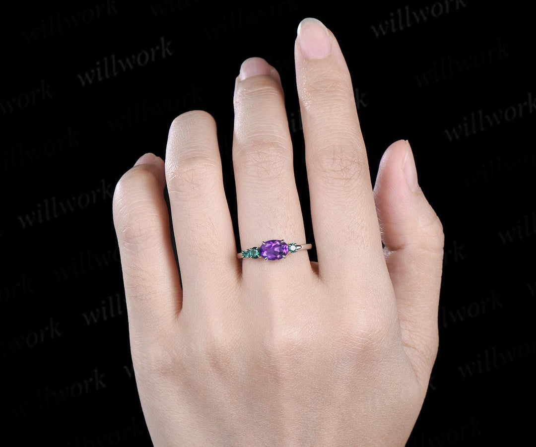 Oval amethyst emerald engagement ring 14k white gold east to west unique promise wedding ring women dainty four stone ring silver