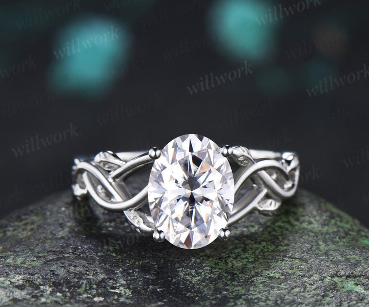 Oval cut moissanite ring white gold vintage solitaire leaf infinity nature inspired engagement ring women delicate anniversary gift