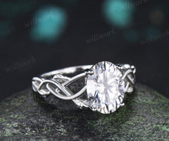 Oval cut moissanite ring white gold vintage solitaire leaf infinity nature inspired engagement ring women delicate anniversary gift