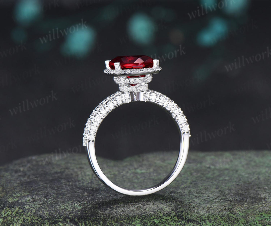3ct cushion cut red garnet engagement ring vintage half eternity hidden halo moissanite wedding promise ring women fine jewelry