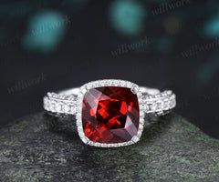 3ct cushion cut red garnet engagement ring vintage half eternity hidden halo moissanite wedding promise ring women fine jewelry