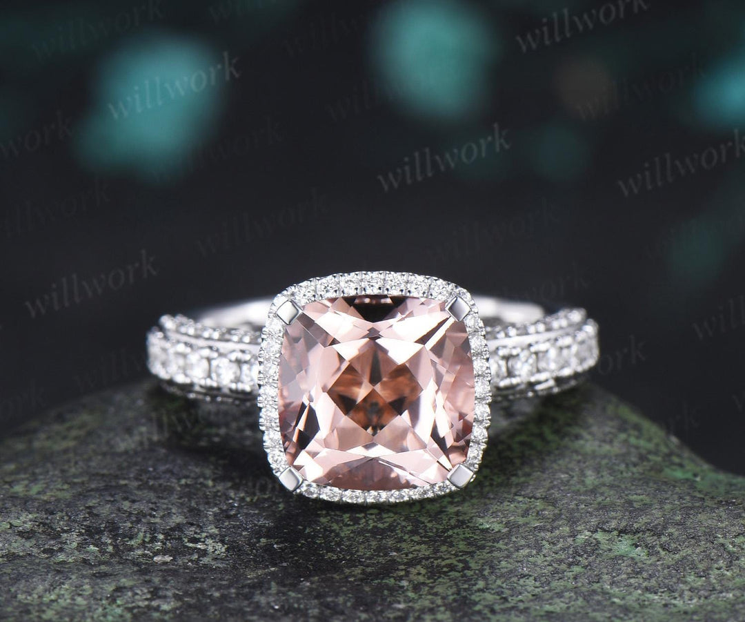 3ct cushion cut morganite engagement ring vintage half eternity hidden halo moissanite wedding promise ring women fine jewelry
