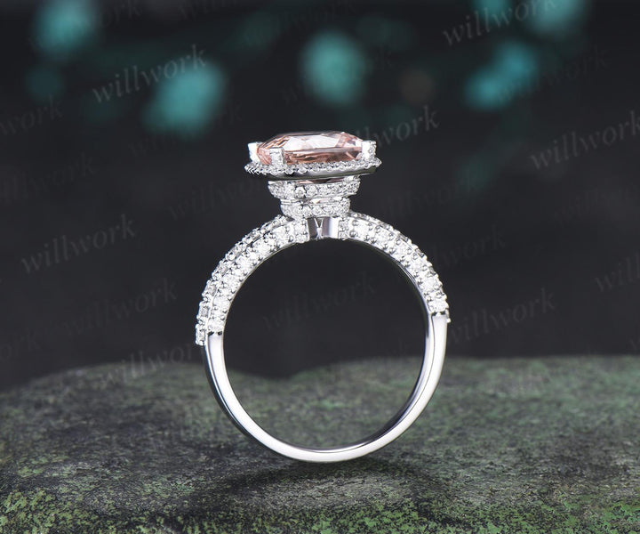 3ct cushion cut morganite engagement ring vintage half eternity hidden halo moissanite wedding promise ring women fine jewelry