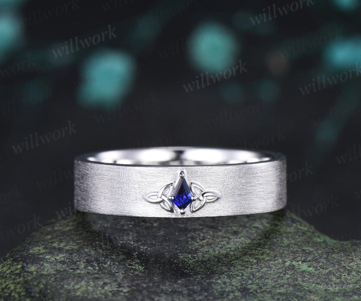 Kite sapphire celtic knot wedding band mens brushed bridal ring 14k white gold retro anniversary gift silver