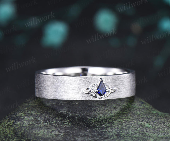 Kite sapphire celtic knot wedding band mens brushed bridal ring 14k white gold retro anniversary gift silver